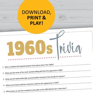 1960s trivia game, 60s history, pop culture printable games, instant download, decades