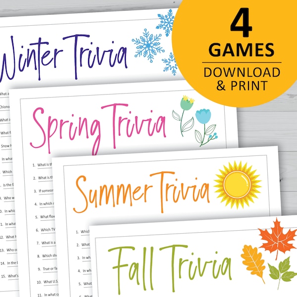 Seasons game bundle, summer, fall, winter, spring trivia printable, party games, family night