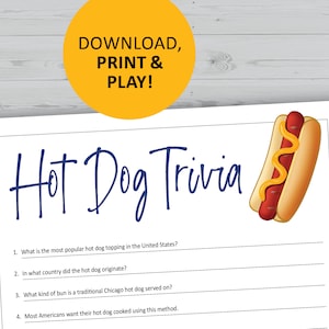 Hot Dog Quiz Spiel, zum Ausdrucken, sofortiger Download, Essen Party Spiele, Fragen Quiz