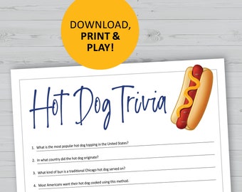 Juego de trivia sobre hot dogs, imprimible, descarga instantánea, juegos de comida para fiestas, cuestionario de preguntas