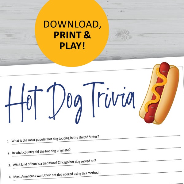 Hot dog trivia game, printable, instant download, food party games, questions quiz