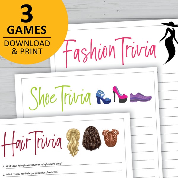 Fashion trivia game bundle, printable 3 games, instant download, party quiz, shoe, hairstyle