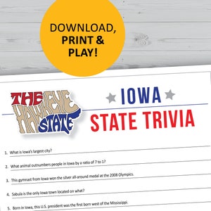 Iowa trivia game, printable, U.S. state instant download, family games night, office party questions