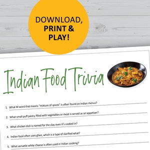 Juego de trivia de comida india, cocina imprimible, descarga instantánea, preguntas para la cena