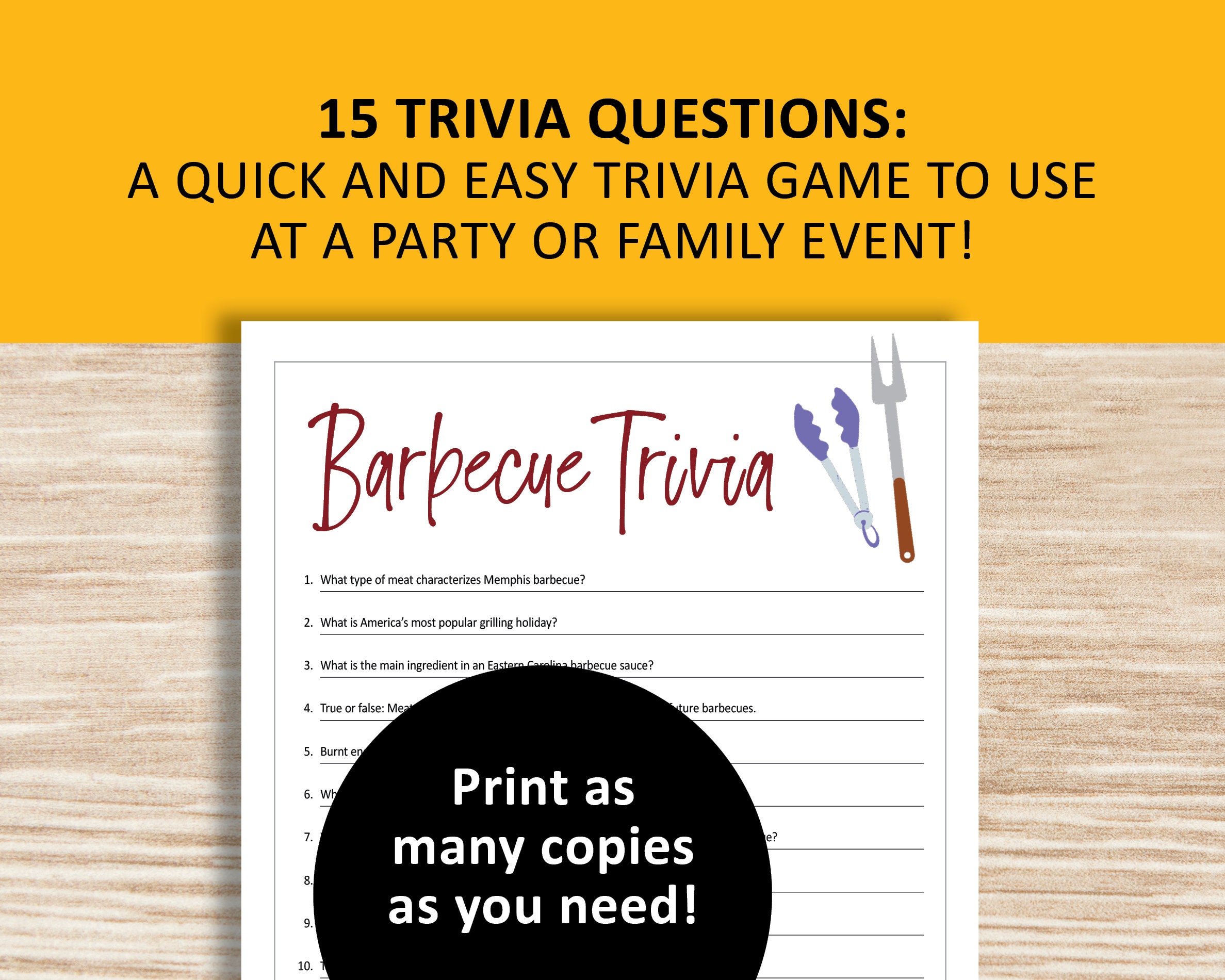 Barbecue Trivia Game, BBQ Cooking Printable, Instant Download, Grill