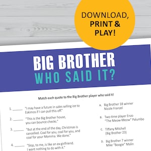 Big Brother TV show game, quotes matching game, watch party printable, Who Said It instant digital download, viewing parties