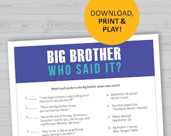 Big Brother TV show game, quotes matching game, watch party printable, Who Said It instant digital download, viewing parties