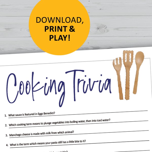 Cooking trivia game, printable, instant download, party games, questions quiz