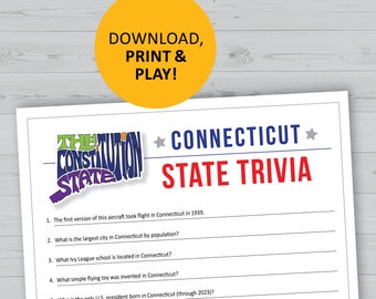 Connecticut trivia game, printable, U.S. state instant download, family games night, office party questions