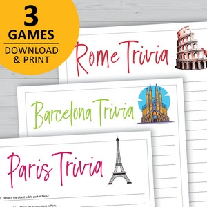 Trivia-gamebundel Europese steden, afdrukbare vragen over Parijs, Barcelona en Rome, direct downloaden, vakantiereisgames, gezinsnacht