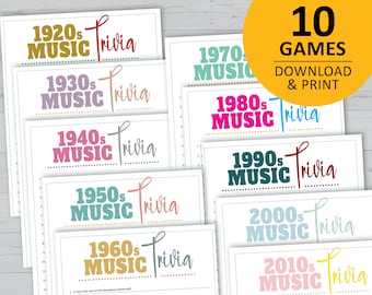 Decades Music Trivia Game Bundle, Printable Party Game (Instant Download)