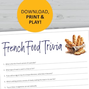 Gioco di quiz sulla cucina francese, cucina francese stampabile, download immediato, domande per cene