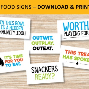Survivor food signs, TV show watch party printable labels, decorations, digital download decor