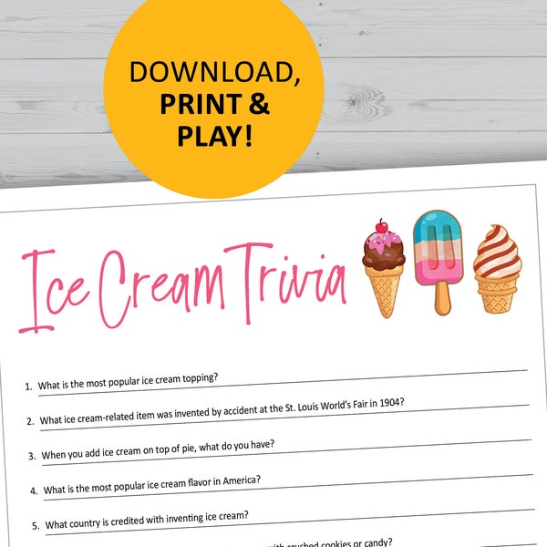 Ice cream trivia game, printable, instant download, dessert party games, questions quiz