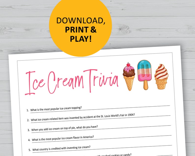 Ice Cream Trivia Game, Printable, Instant Download, Dessert Party Games