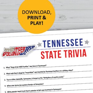 Tennessee trivia game, printable, U.S. state instant download, family games night, office party questions