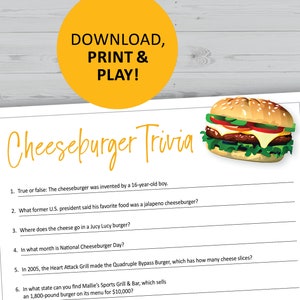 Cheeseburger Quizspiel, Essen zum Ausdrucken, Sofort-Download, Familienspielabend Fragen