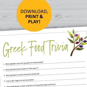 Gioco a quiz sul cibo greco, cucina stampabile, download istantaneo, domande sulla cena