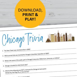 Gioco a quiz di Chicago stampabile, domande di storia, download istantaneo, giochi di viaggio, punti di riferimento