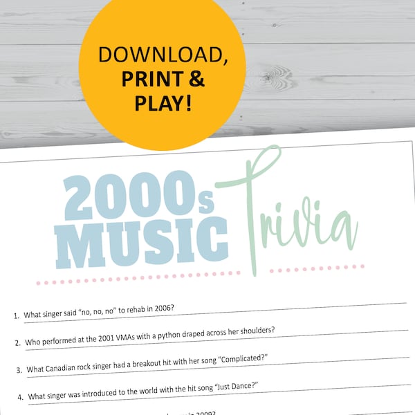 2000s music trivia game, 00s history, pop culture printable games, instant download