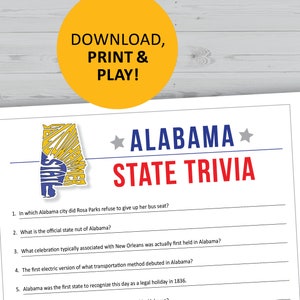 Alabama trivia-spel, afdrukbaar, instant download van de Amerikaanse staat, familiespelavond, vragen over kantoorfeesten