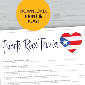Puerto Rico trivia game, history questions printable, instant download, dinner party, pop culture