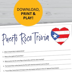 Puerto Rico trivia game, history questions printable, instant download, dinner party, pop culture