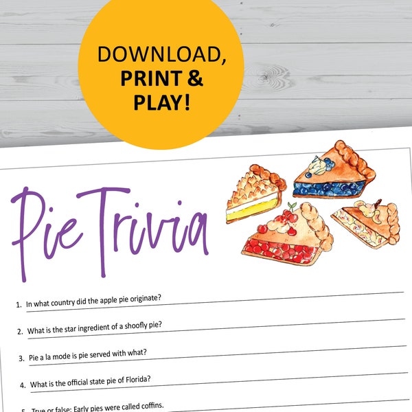 Pie trivia game, dessert printable, instant download, dinner party questions