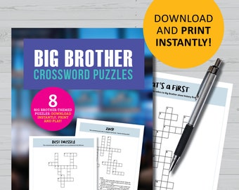 Big Brother crossword puzzles, watch party game printable, instant digital download, viewing parties, puzzle games