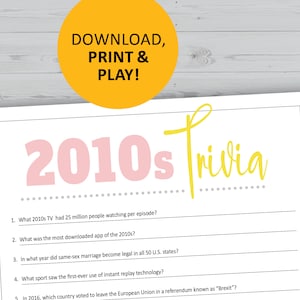 2010s trivia game, 10s history, pop culture printable games, instant download