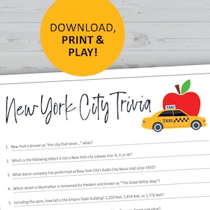 May include: A printable New York City trivia game with a yellow taxi cab and a red apple on top. The game has five questions about New York City.