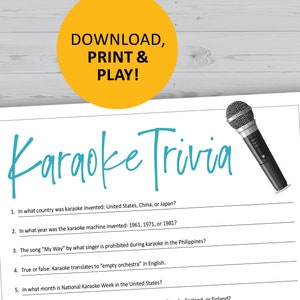 Karaoke trivia game, party printable, instant download games, music questions quiz, sing
