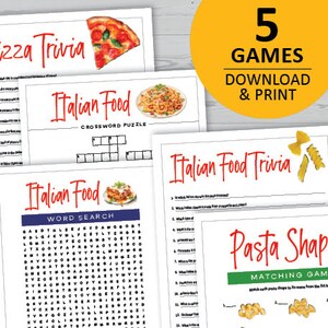 May include: Five printable Italian food-themed games: Pizza Trivia, Italian Food Crossword Puzzle, Italian Food Word Search, Italian Food Trivia, and Pasta Shapes Matching Game. The games feature colorful illustrations of pizza, pasta, and other Italian food.