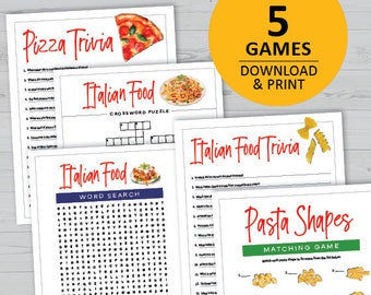 Italian dinner game bundle, trivia printable, Italian food word search, crossword, instant download