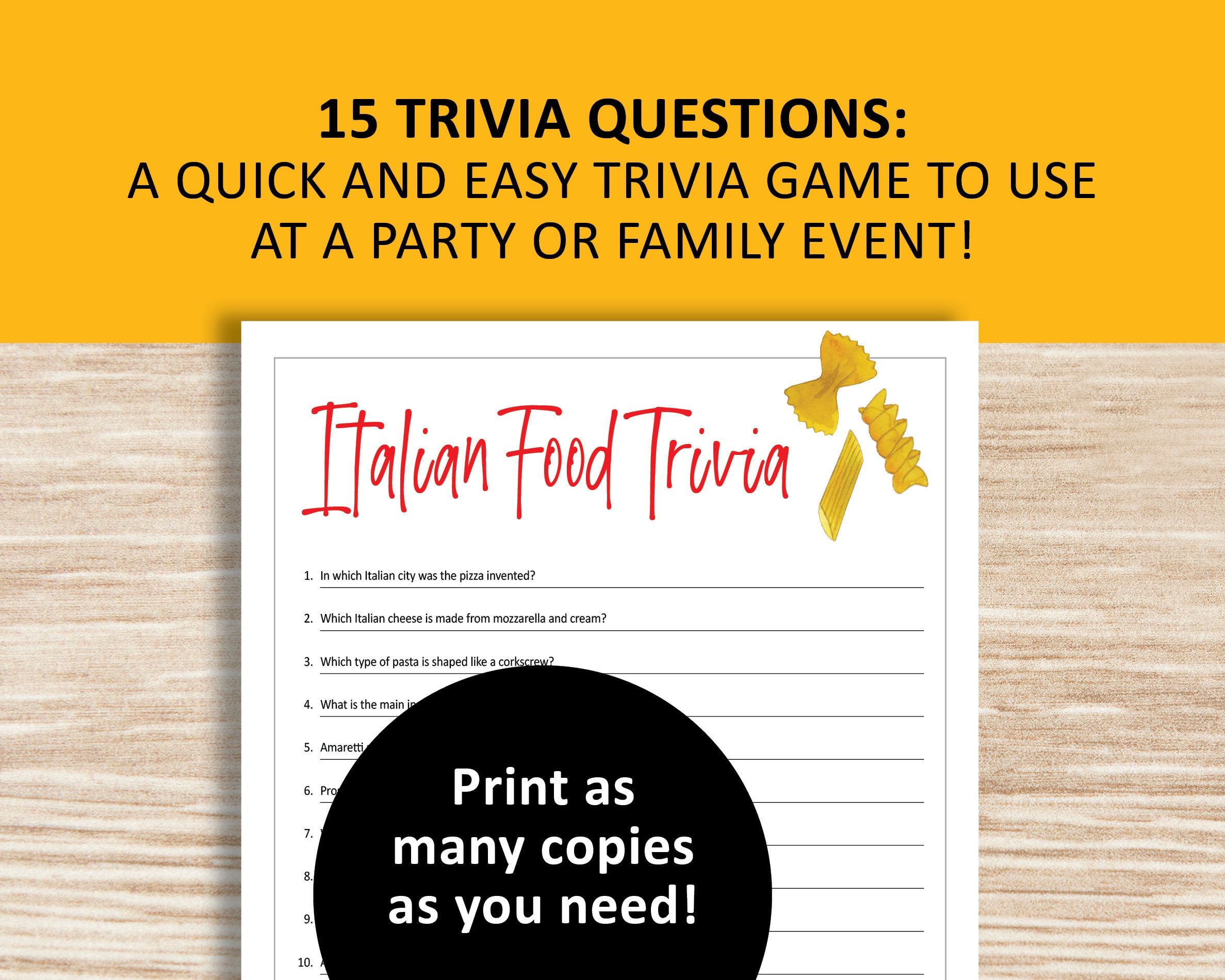 Italian Food Trivia Game, Cooking Printable, Instant Download, Dinner