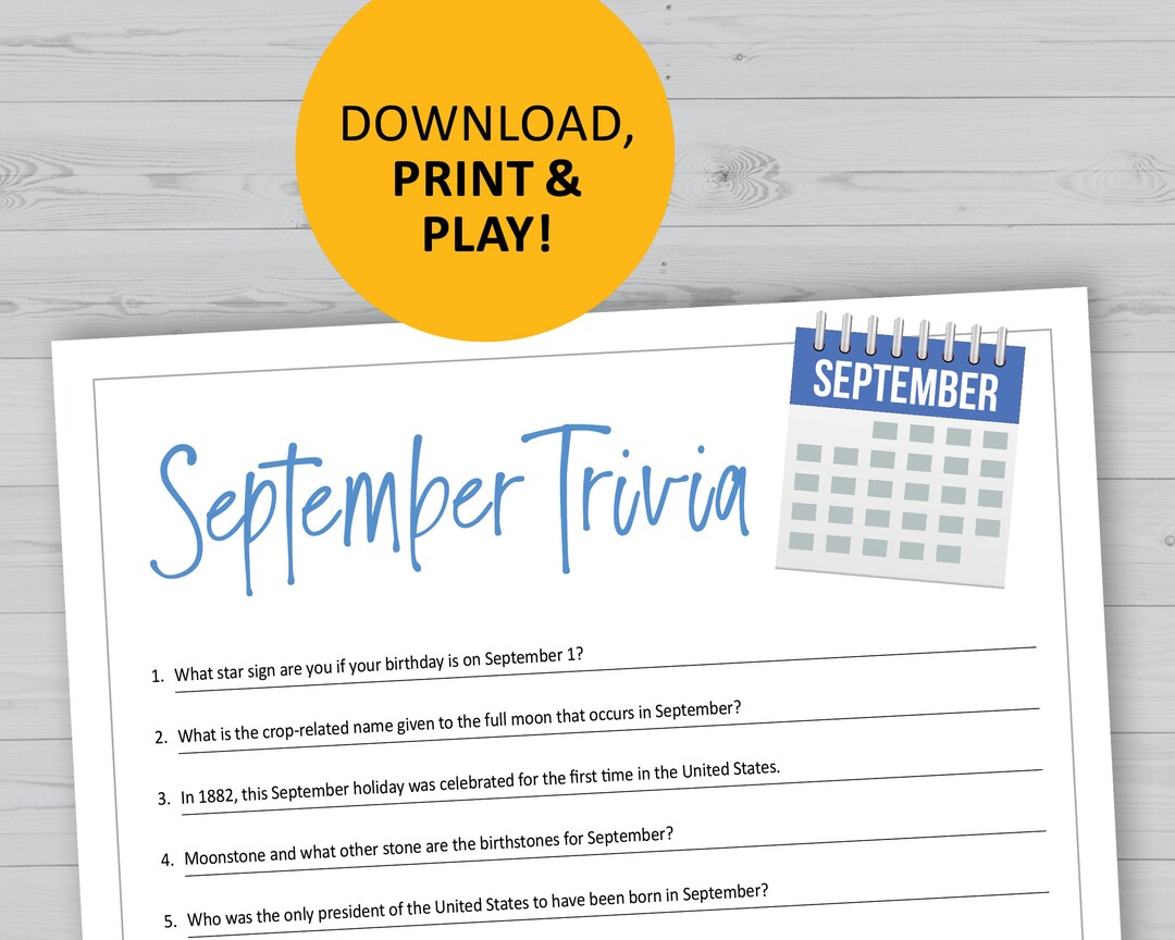 September Trivia Game Printable Months Party Games Calendar - Etsy