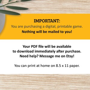 Puede incluir: Un cartel amarillo y blanco con el texto "IMPORTANTE: Est&aacute;s comprando un juego digital imprimible. &iexcl;No se enviar&aacute; nada por correo! Tu archivo PDF estar&aacute; disponible para descargar inmediatamente despu&eacute;s de la compra. &iquest;Necesitas ayuda? &iexcl;Env&iacute;ame un mensaje en Etsy! Puedes imprimir en casa en papel de 8,5 x 11 pulgadas."