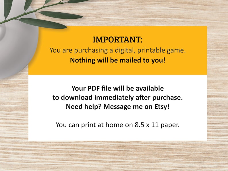 Puede incluir: Un cartel amarillo y blanco con el texto "IMPORTANTE: Est&aacute;s comprando un juego digital imprimible. &iexcl;No se enviar&aacute; nada por correo! Tu archivo PDF estar&aacute; disponible para descargar inmediatamente despu&eacute;s de la compra. &iquest;Necesitas ayuda? &iexcl;Env&iacute;ame un mensaje en Etsy! Puedes imprimir en casa en papel de 8,5 x 11 pulgadas."