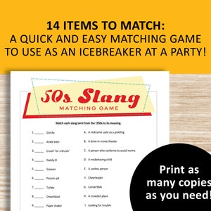 1950s slang game, matching printable, 50s theme party, decades trivia, instant download image 3