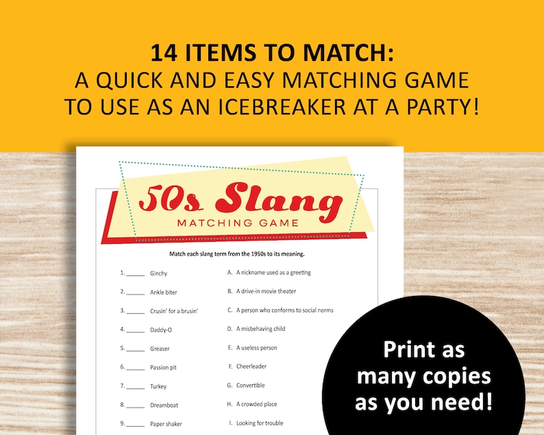 1950s slang game, matching printable, 50s theme party, decades trivia, instant download image 3