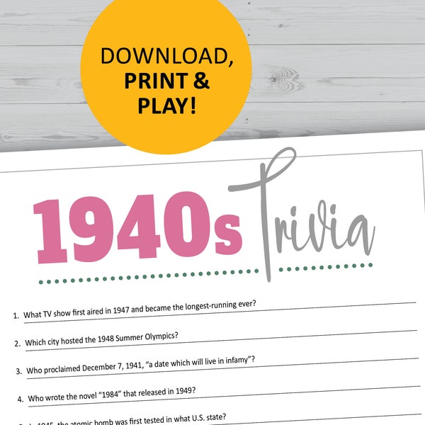 1940s trivia game, 40s history, pop culture printable games, instant download