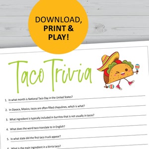 Taco trivia game, tacos printable, instant download, party games, questions quiz
