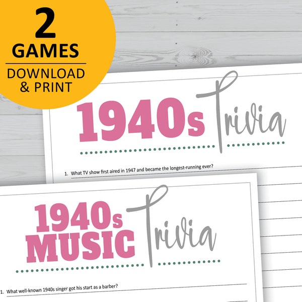 1940s trivia game bundle, 40s history, music, pop culture printable games, instant download