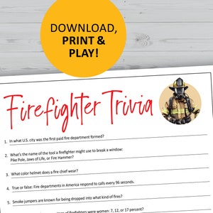 Firefighter trivia game, National Day, Firefighter Appreciation Week, printable, instant download, fire quiz