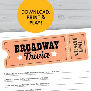 Broadway trivia game, printable, instant download, musical theater games, fan gifts, 15 questions and answers