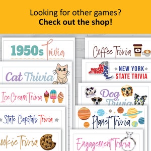 Puede incluir: Una colecci&oacute;n de tarjetas de juego de preguntas y respuestas imprimibles con varios temas, que incluyen los a&ntilde;os 50, gatos, helados, capitales de los estados, caf&eacute;, perros, planetas, galletas y compromiso. Las tarjetas presentan ilustraciones y texto coloridos.