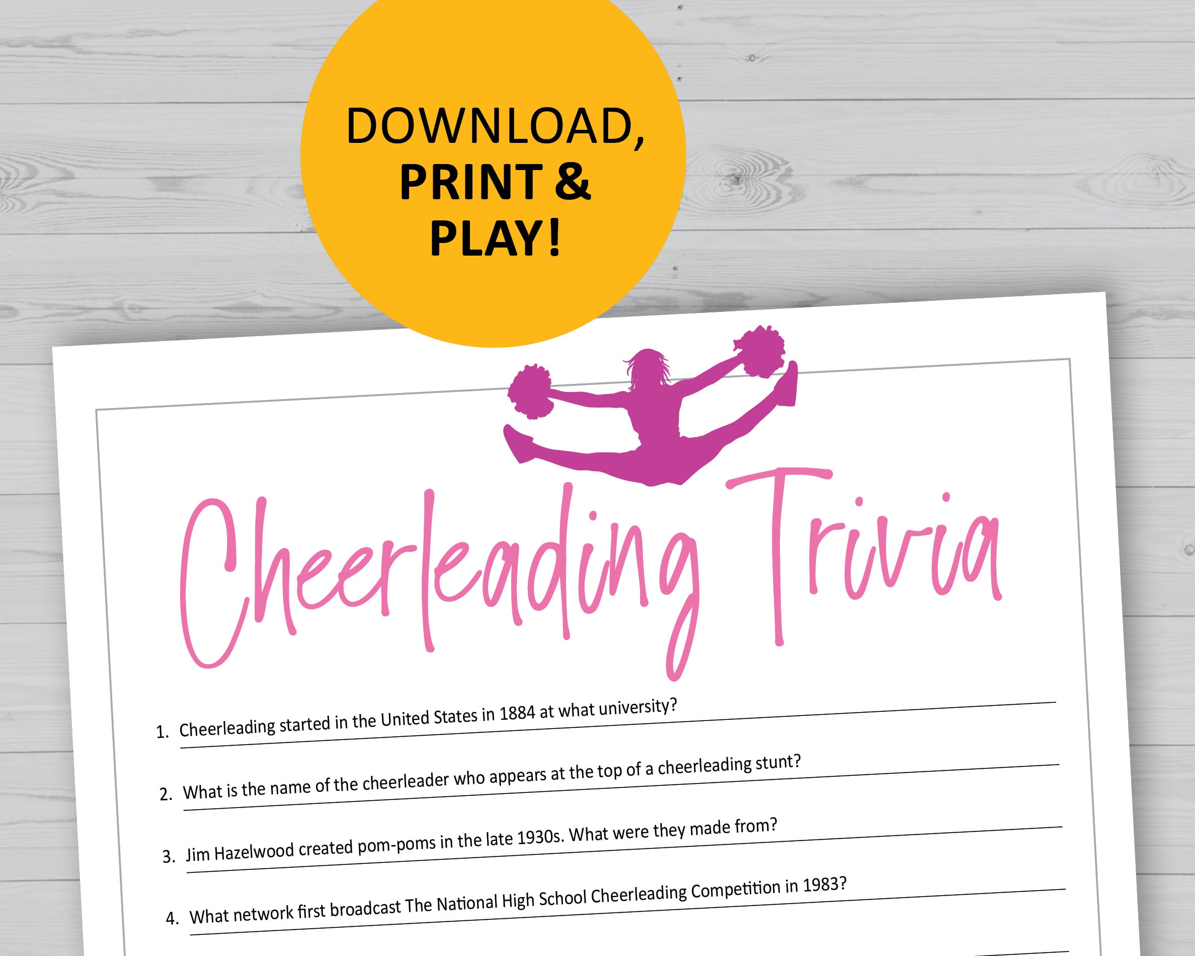 Cheerleading Trivia Game, Cheer Printable Games, Instant Download