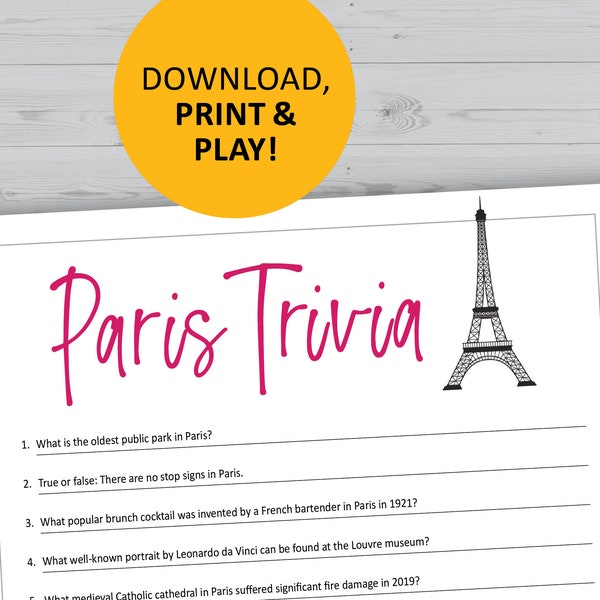 Paris trivia game printable, France history questions, instant download, Paris themed party, pop culture