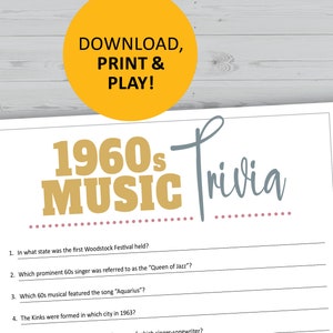 1960s music trivia game, 60s history, pop culture printable games, instant download