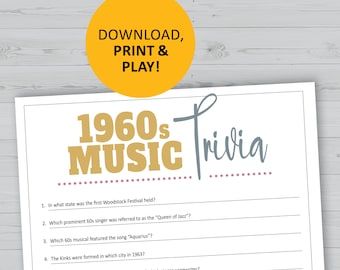 1960er Jahre Musik Quiz Spiel, 60er Geschichte, Popkultur Spiele zum Ausdrucken, sofortiger Download